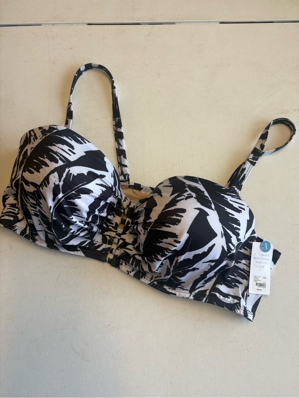 Cacique Bikini Top 44DD Black White Tropical Print Underwire Strapless NWT